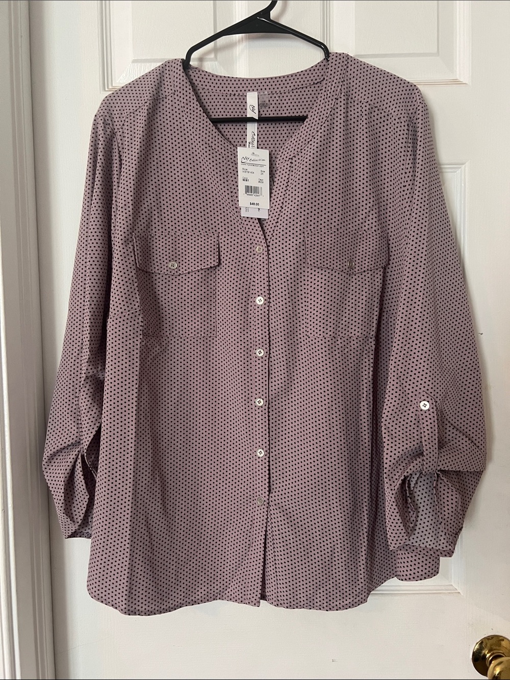 NY Collection Mauve Dot Button-Front Blouse